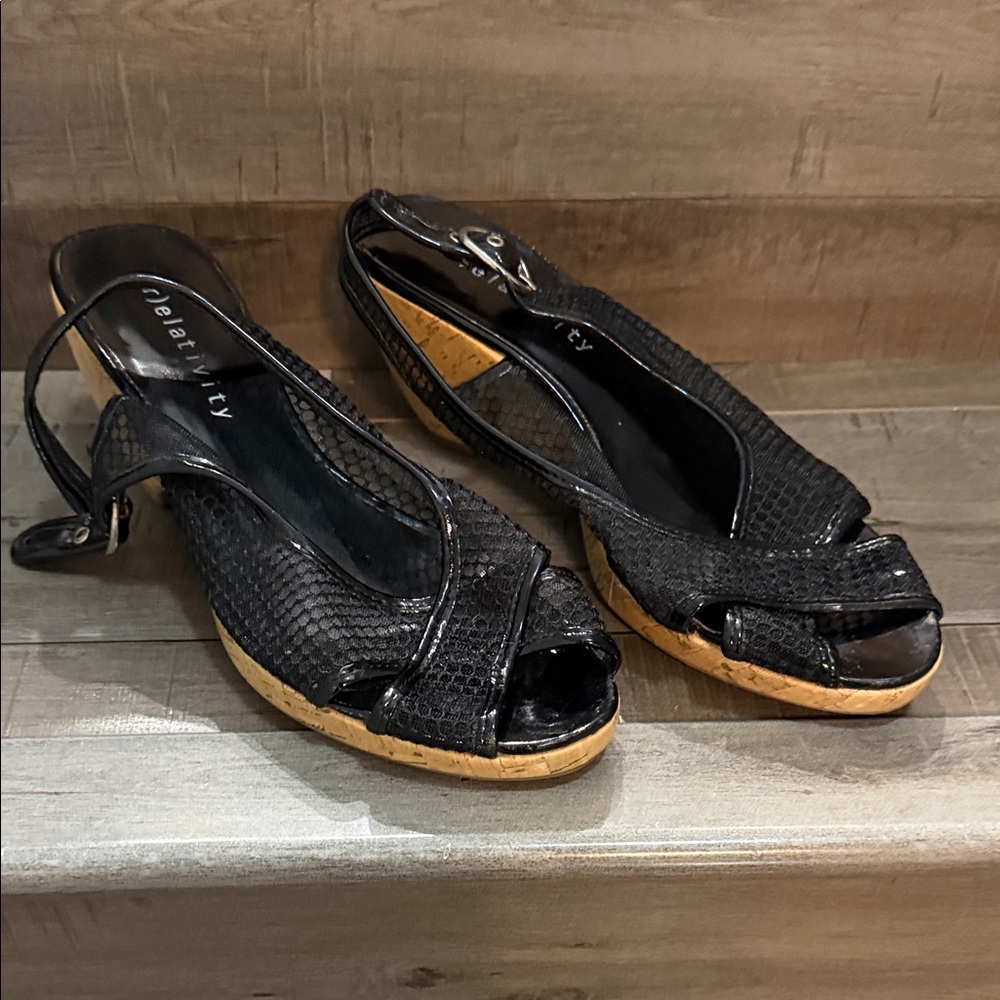 Relativity Black Woven Peep-Toe Wedges
